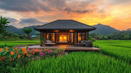 Fototapeta premium A beautiful, modern wooden bungalow with a terrace and garden in front, surrounded by rice fields at sunset. The architecture is in the traditional professional photographer.