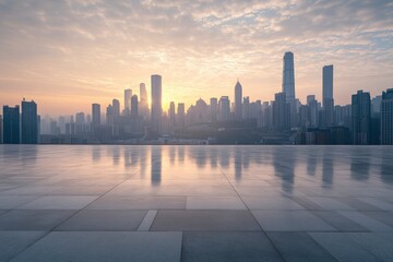 Obraz premium Empty square floors and city skyline with modern buildings in Chongqing at sunrise with generative ai