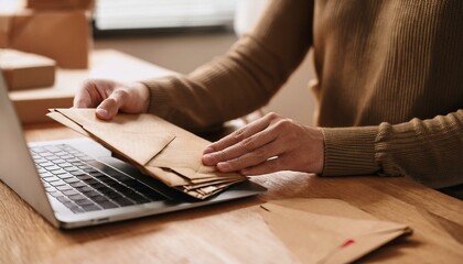 Person arms checking on freshly received classic paper in mail to check receipts and other home private documents