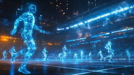 Holographic sports events with virtual and real players interacting: A stadium with holographic athletes playing alongside human participants.
