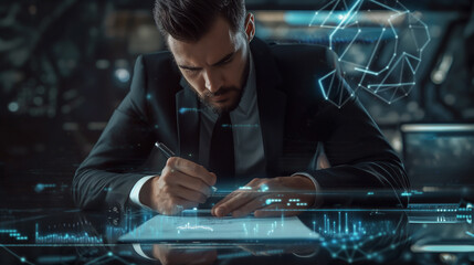 portrait of a businessman signing a virtual document or digital contract 