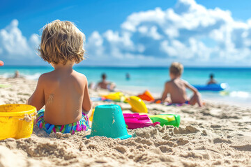 A child playing on colorful beach with toys, enjoying sunny day
