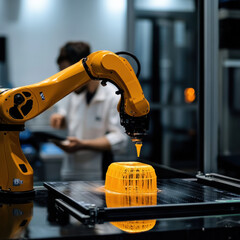 Fototapeta premium A robotic arm is performing quality control scan on 3D printed object in modern workspace. vibrant yellow filament adds dynamic touch to scene, showcasing advanced technology and precision