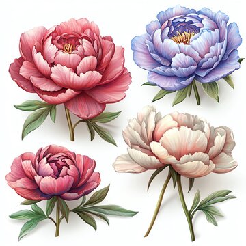 Beautiful peonies in various colors, showcasing delicate petals and lush green leaves. Perfect for floral designs and decor.