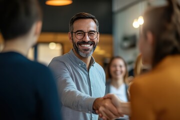 Business professionals meet for the first time at a conference, exchanging smiles and handshakes as they introduce themselves. The environment is welcoming and conducive to networking.
