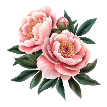 Beautiful pink peonies with lush green leaves, symbolizing elegance and grace, perfect for floral designs and art projects.