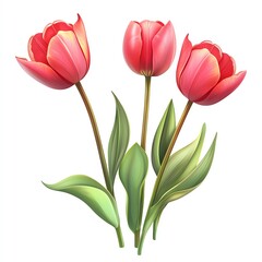 Beautiful red tulips with green leaves, perfect for spring themes, floral designs, and nature-inspired projects.