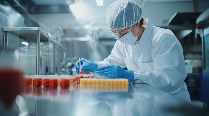 A worker performing manual quality check on food in laboratory setting, wearing protective gear and focused on task at hand. environment is clean and organized, ensuring safety and precision