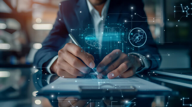 portrait of a businessman signing a virtual document or digital contract 