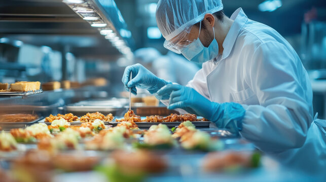 A worker performing manual quality check on food in professional kitchen, ensuring safety and hygiene standards are met. focused expression highlights importance of quality control in food preparation