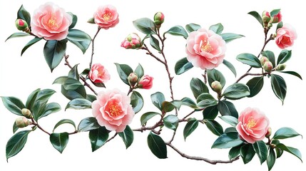 Delicate pink flowers with lush green leaves, symbolizing beauty and elegance, perfect for floral designs and nature-themed projects.