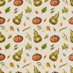 Seamless autumn pattern featuring orange and green pumpkins with fall leaves on a beige background. Ideal for Thanksgiving and Halloween.