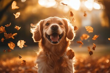 Golden Retriever dog playing in autumn leaves at the park leaf retriever golden.