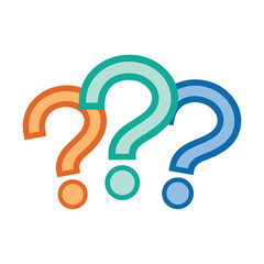 This vibrant image features three overlapping question marks, each in a different color (orange, teal, and blue).