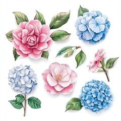 Vibrant botanical illustration featuring delicate flowers and lush leaves, perfect for floral design and artistic projects.