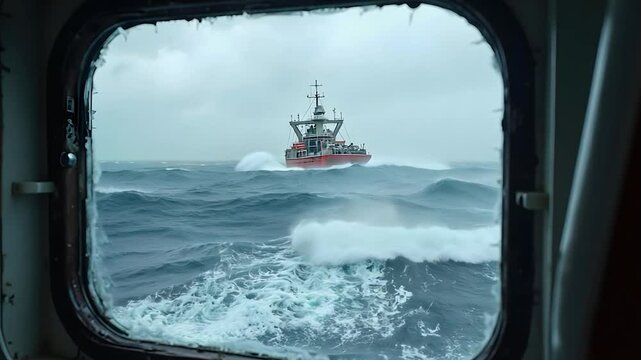 View from a Ship Window of a Boat in Rough Seas