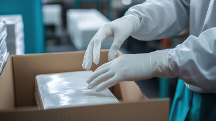 A worker in gloves carefully handles delicate products in factory setting, ensuring safety and precision during packaging process. focus on hygiene and attention to detail is evident