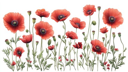 Obraz premium Vibrant red poppy flowers in a row, showcasing delicate petals and lush green stems, perfect for nature-themed designs.