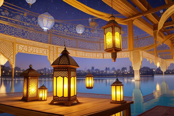 Fototapeta premium The Muslim feast of the holy month of Ramadan Kareem Beautiful background with a shining lantern Fanus