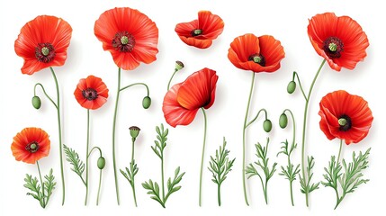 Obraz premium Vibrant red poppy flowers in various stages of bloom, showcasing their beauty with delicate green stems and leaves.