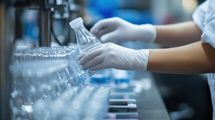 Worker using gloves to handle delicate products in factory setting, ensuring safety and hygiene while managing bottled water. environment is clean and organized, reflecting professional workspace