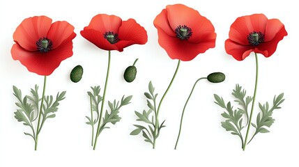 Vibrant red poppy flowers with delicate petals and green stems, perfect for floral designs and nature themes.