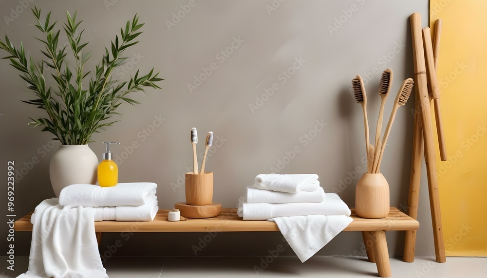 Wall mural Eco toothbrushes. Bamboo toothbrushes cup, natural soap, plastic free ear sticks, wooden hair brush and white towels on gray stone background