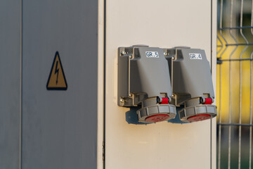 Industrial electrical fuse box on the backstage of a concert used for powering stage equipment