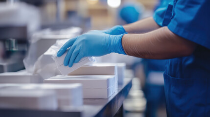 Worker using gloves to handle delicate products in clean environment, ensuring safety and hygiene during packaging process. focus is on precision and care