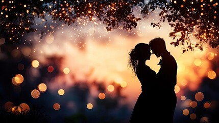 A couple dancing under the stars, with twinkling lights and soft silhouettes capturing the romantic mood