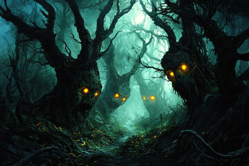A dark and twisted forest with gnarled trees and glowing eyes creates an eerie atmosphere