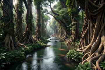 Obraz premium A winding river cutting through a dense, ancient forest, with towering trees and hanging vines.