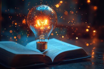 luminous innovation glowing lightbulb floating above open book radiating ideas vibrant colors soft bokeh background concept of creativity and knowledge