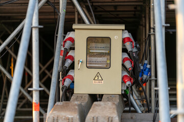 Industrial electrical fuse box on the backstage of a concert used for powering stage equipment