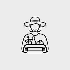 Woman Farmer Holding Box With Harvest Goods Vector Line Icon