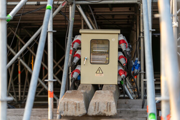 Industrial electrical fuse box on the backstage of a concert used for powering stage equipment