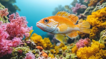 Naklejka premium Vibrant orange fish swimming among colorful coral reef.