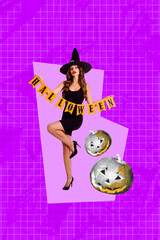 Vertical photo collage of sexy girl wear witch masquerade halloween garland autumn pumpkin jack fairy isolated on painted background