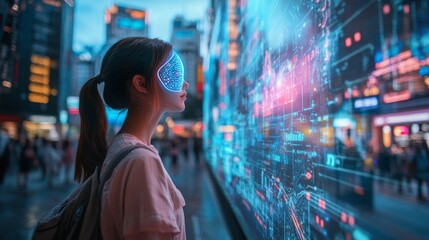Obraz premium Personal AI avatars guiding tourists through smart cities: Holographic AI guides offering real-time tour information in a futuristic city.