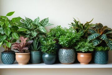 Fototapeta premium lush indoor jungle featuring an eclectic collection of exotic houseplants in stylish ceramic pots arranged on sleek white shelves against a crisp white wall