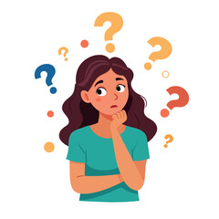 Woman with brown hair displays confusion with question marks above her head. Perfect for illustrating doubt or indecision concepts in designs.