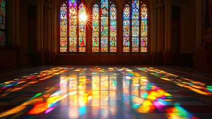 A sunlit Art Nouveau stained glass window casting colorful patterns on the floor of a church, creating a sacred and ethereal atmosphere.