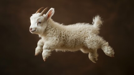 A fluffy dwarf goat kid leaping on a deep brown background, its legs extended in the air