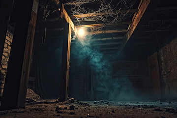 A dimly lit basement with cobwebs, dust, and sense of mystery