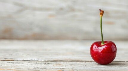 Whole cherry with bright red skin and green stem on a rustic wooden table, highlighted by natural light.