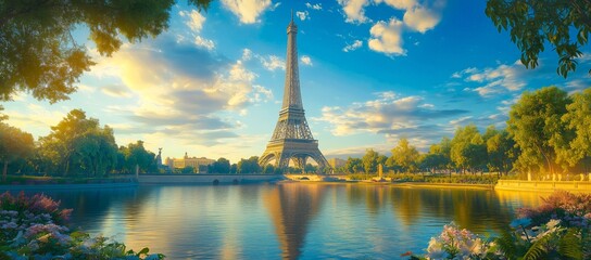 Obraz premium The iconic Eiffel Tower stands tall against a backdrop of fluffy clouds, its reflection shimmering in the tranquil waters below.