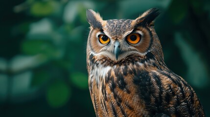 Obraz premium A large brown owl with yellow eyes is staring at the camera