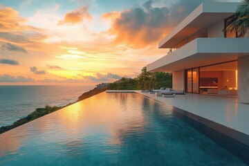 luxurious beachfront hotel infinity pool merging with ocean horizon minimalist white architecture palm trees swaying golden hour lighting