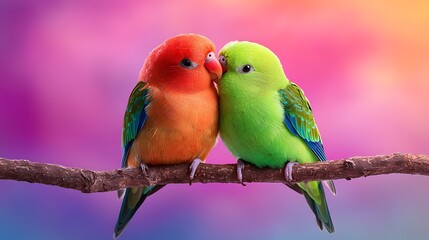 Fototapeta premium Lovebirds sit side by side on a branch, framed by a backdrop of vibrant colors.