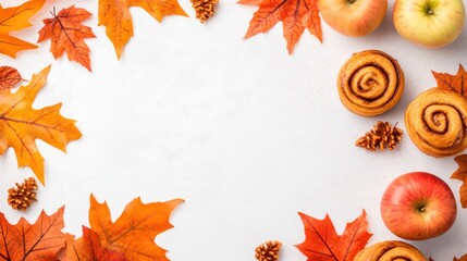 Autumn background with apples, cinnamon rolls, and orange leaves on white. Perfect for fall-themed designs or seasonal promotions.